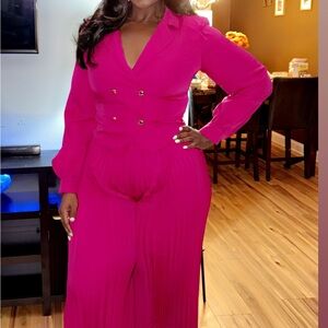 Fashion Nova Hot Pink Pleated Double-Breasted Jumpsuit